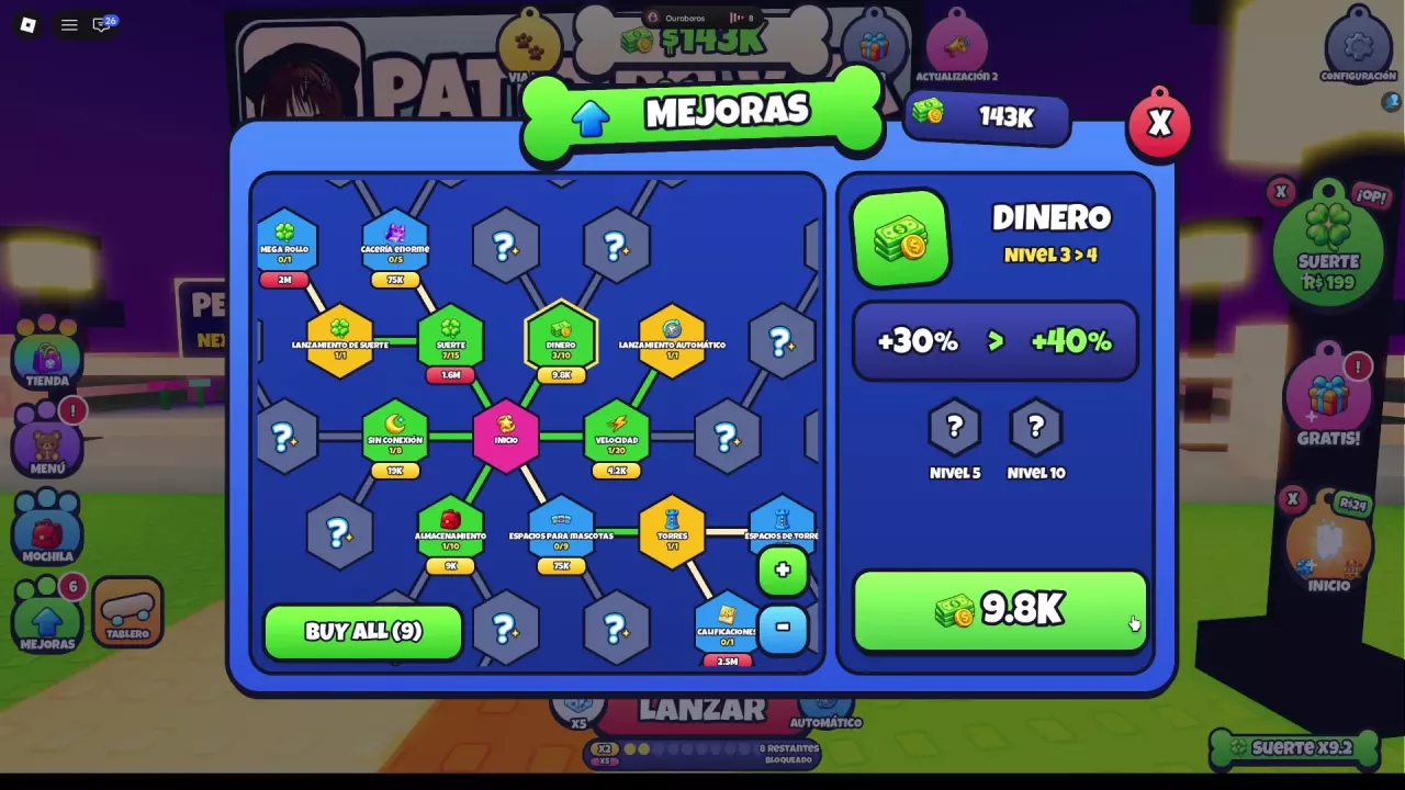 Money upgrade selected at level 3, showing a 9.8K price and an income bonus increase from +30% to +40%.
