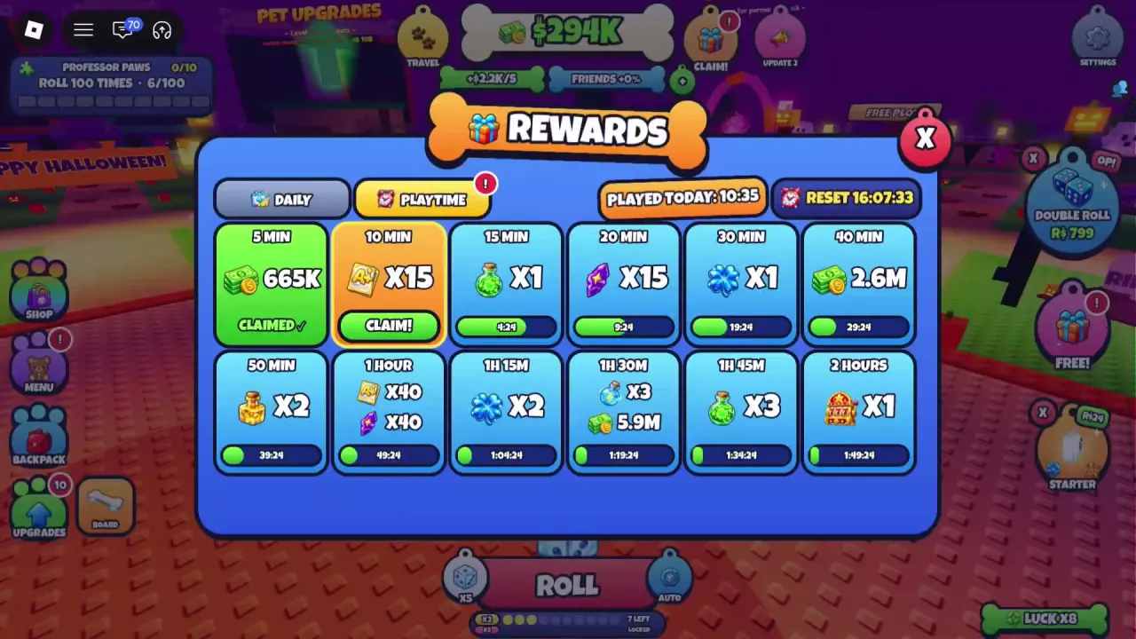 Playtime rewards menu with the 10-minute gift ready to claim and the reset timer at the upper right.