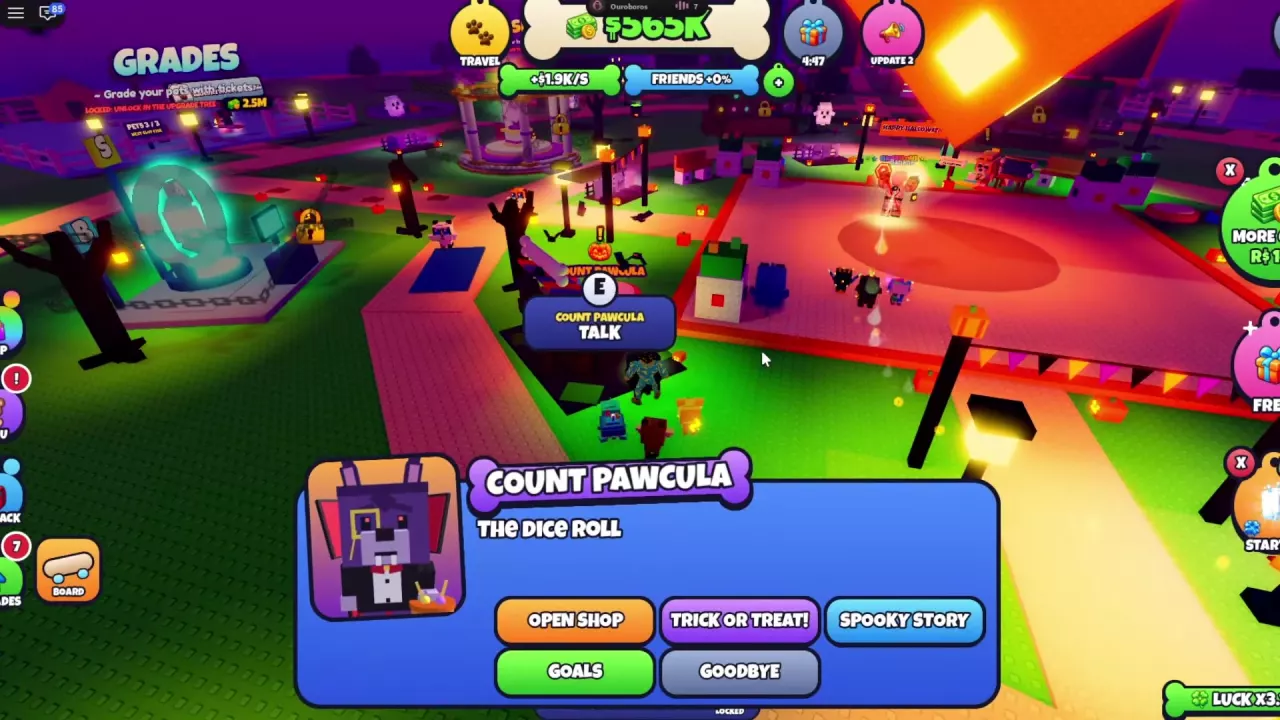 Count Pawcula beside the plaza with the TALK prompt and OPEN SHOP dialogue option.
