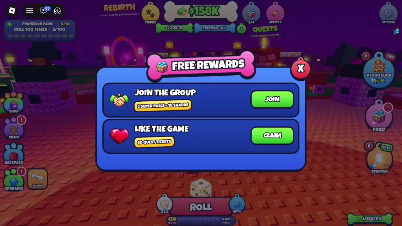 Free Rewards menu showing 60 Quest Tickets for liking the game and 10 Shards plus 2 Super Rolls for joining the group.
