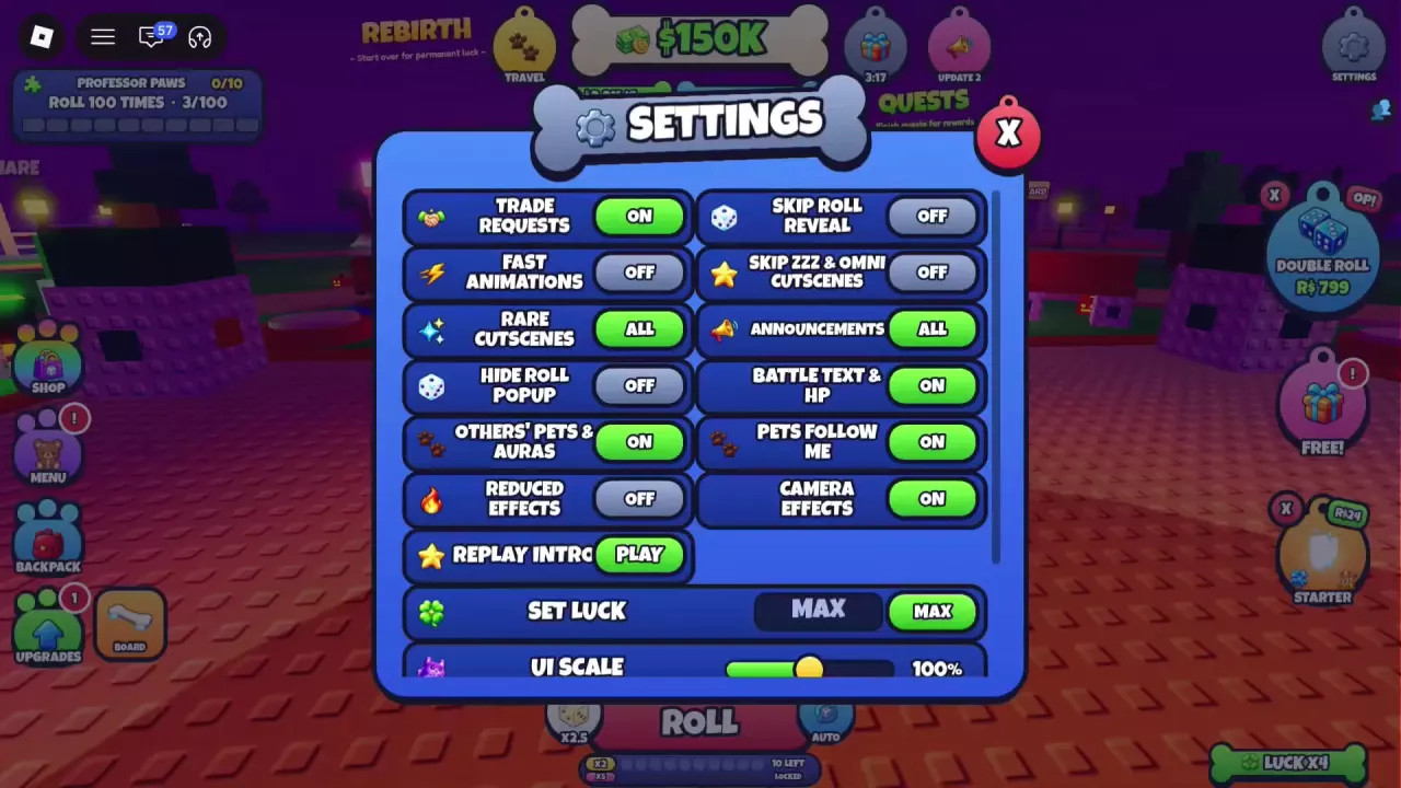 Pet Dice Settings panel with roll animation options, display controls, and the UI Scale slider.