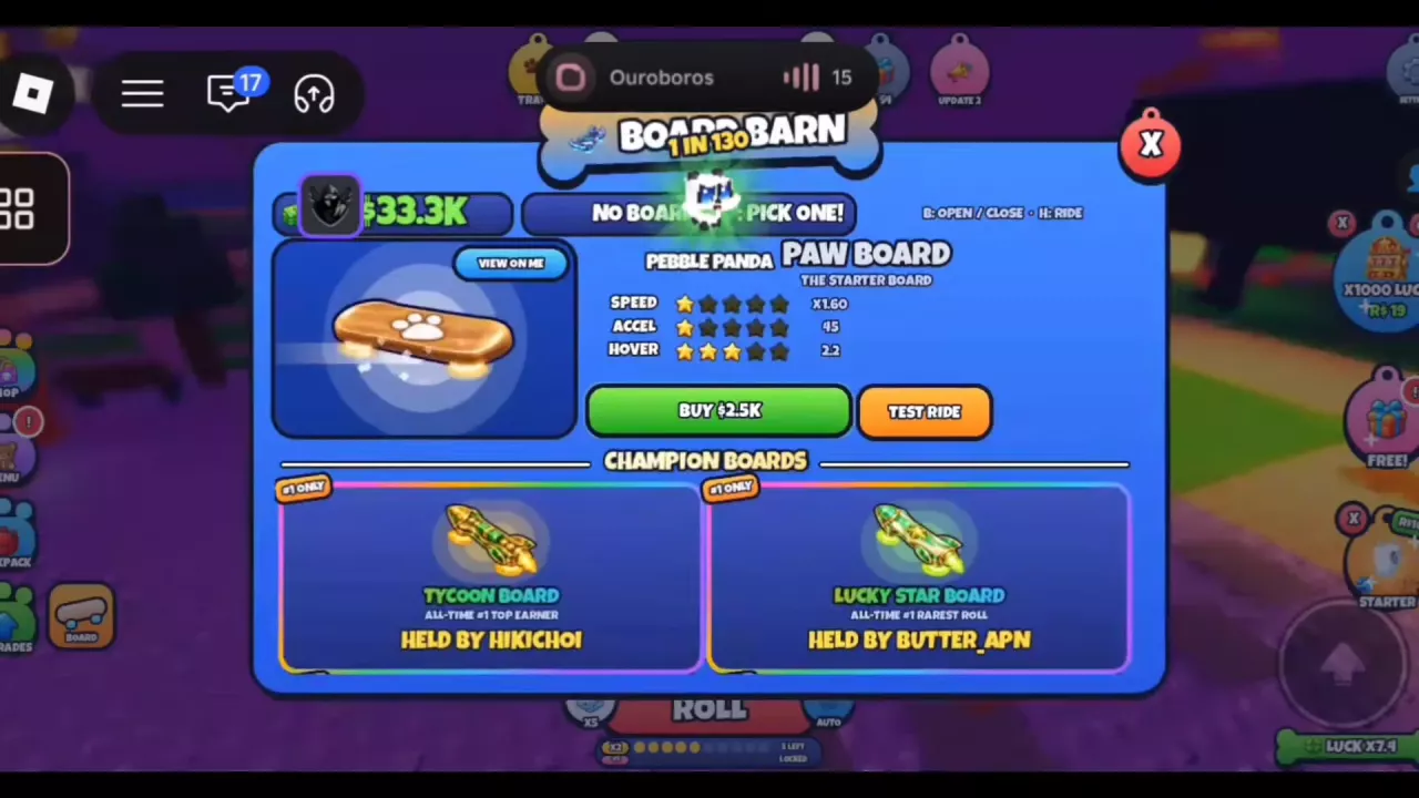 Paw Board in Board Barn with its price, movement attributes, preview buttons, and B and H controls.