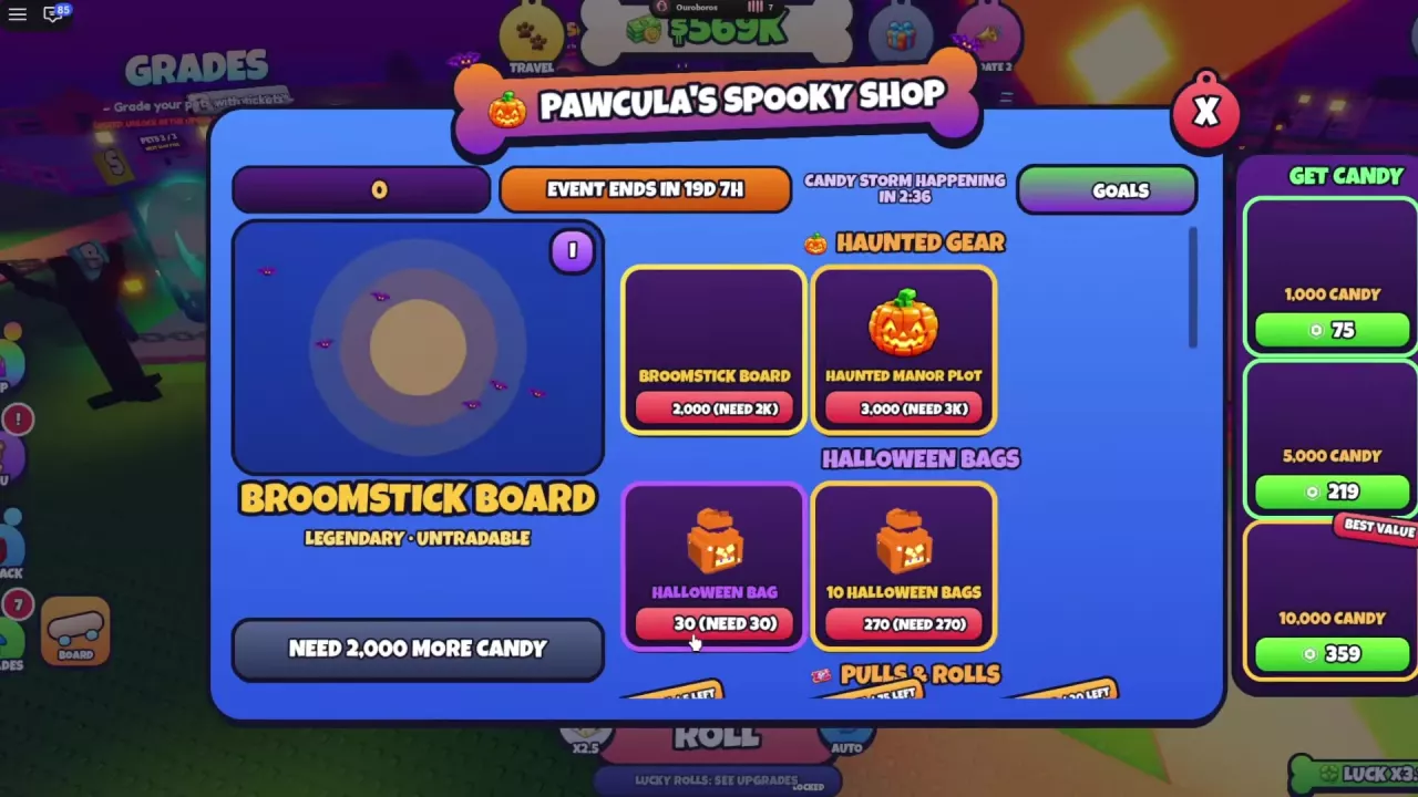Pawcula's Spooky Shop with separate Halloween event and next Candy Storm countdowns.