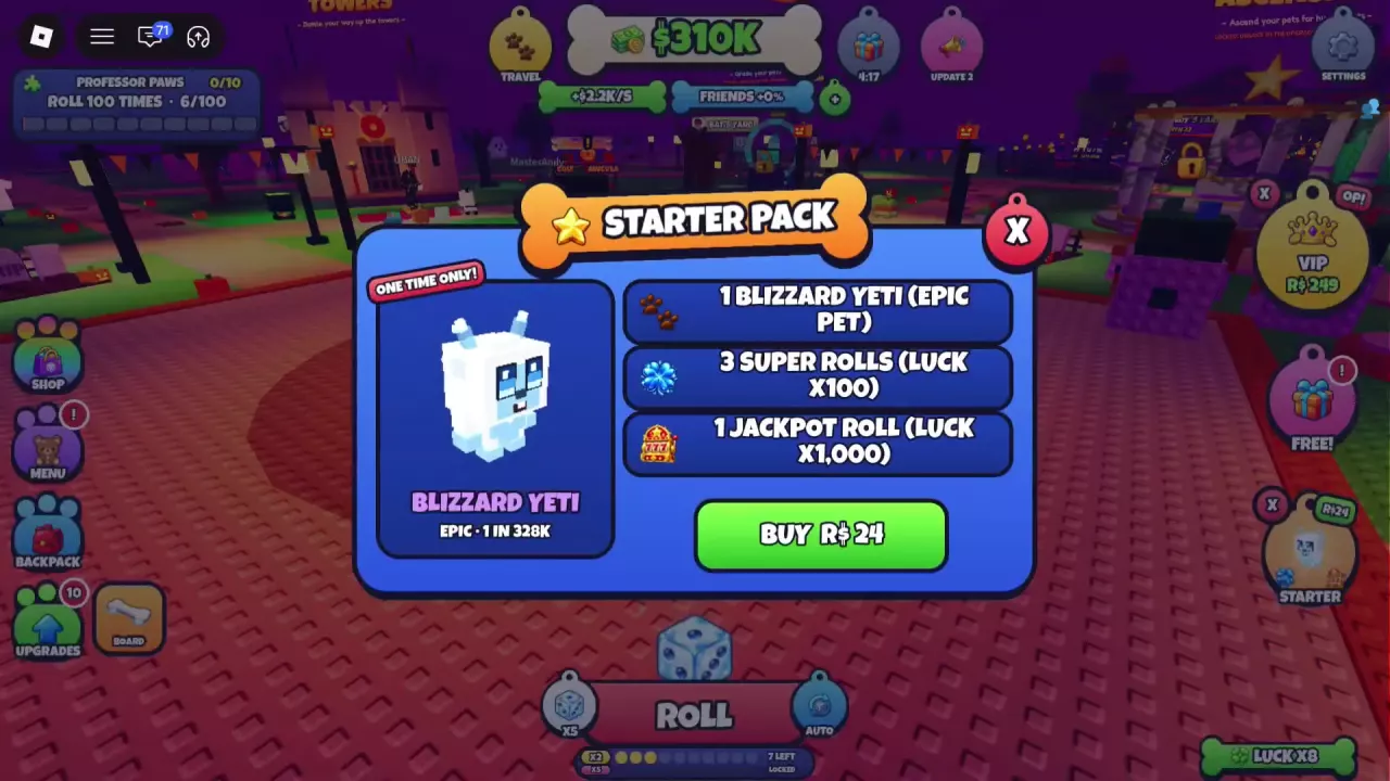 Starter Pack offer showing Blizzard Yeti, three Super Rolls, one Jackpot Roll and the BUY R$24 button.