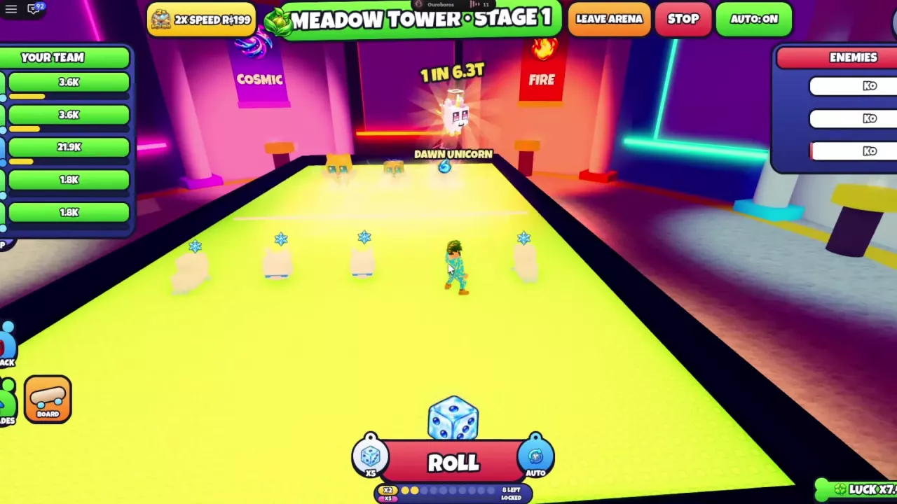 Meadow Tower arena with the stage banner, AUTO: ON, STOP, LEAVE ARENA and team panels.