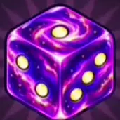 Purple galaxy-patterned Cosmic Die with glowing yellow pips.