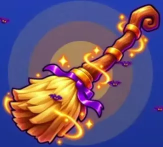 Broomstick Board with golden bristles, a curled wooden handle, and a purple ribbon.