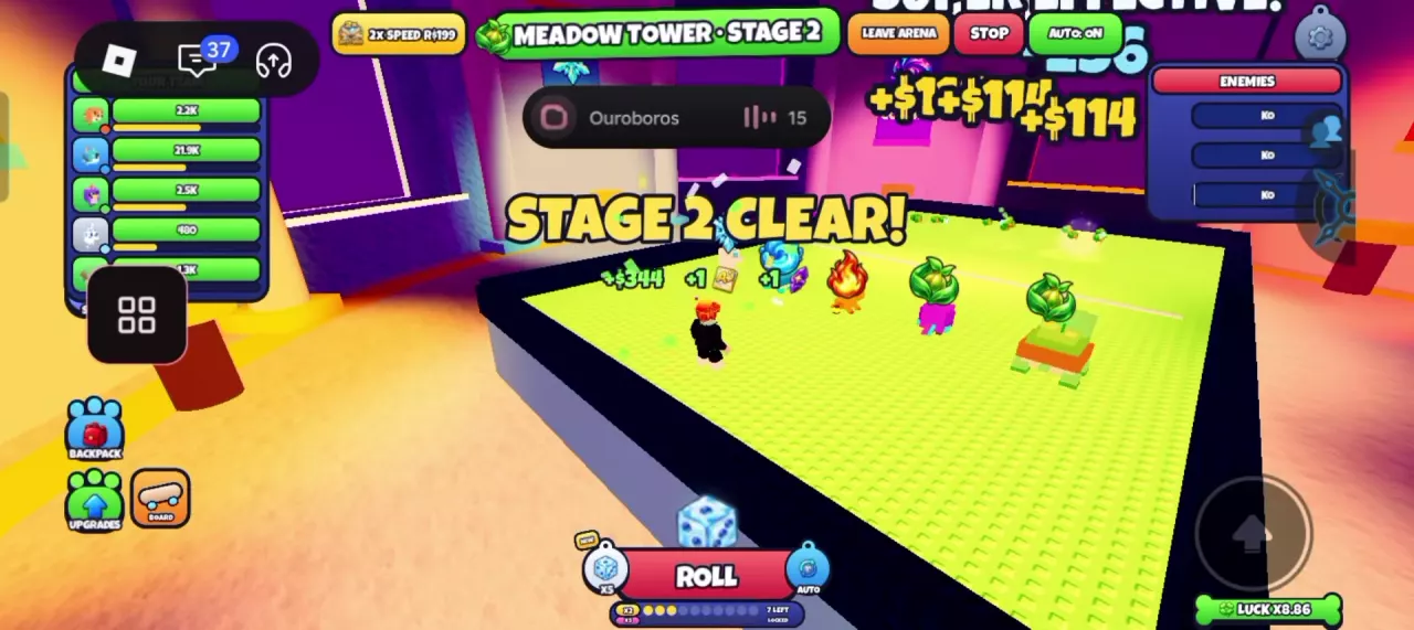 Meadow Tower Stage 2 clear showing 344 cash and two item icons with one reward each.