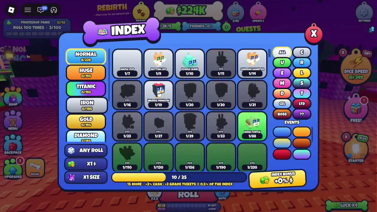 Pet Dice Index with six category tabs on the left, filters on the right, and milestone progress and INDEX BONUS along the bottom.