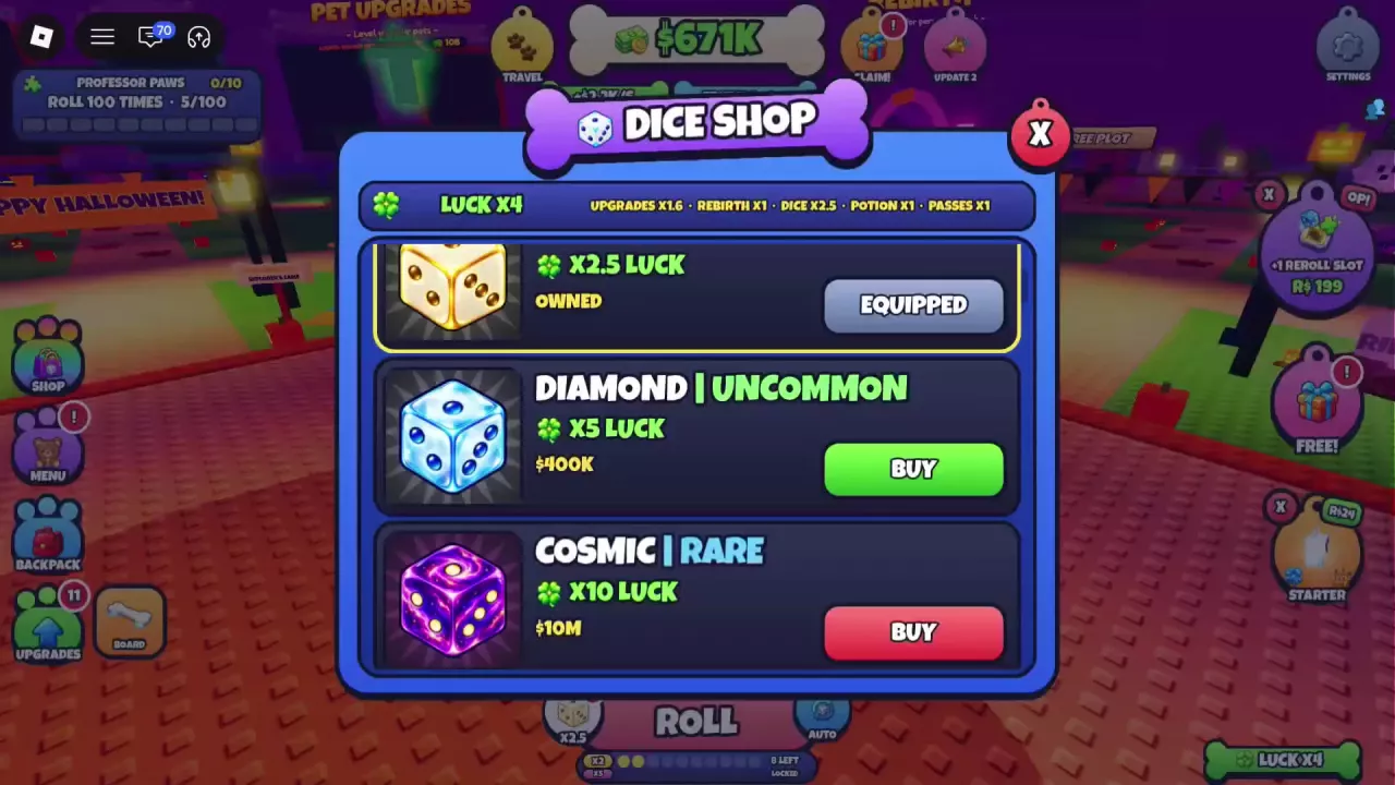 Dice Shop showing Golden equipped, Diamond at 400K with &times;5 luck, and Cosmic at 10M with &times;10 luck.
