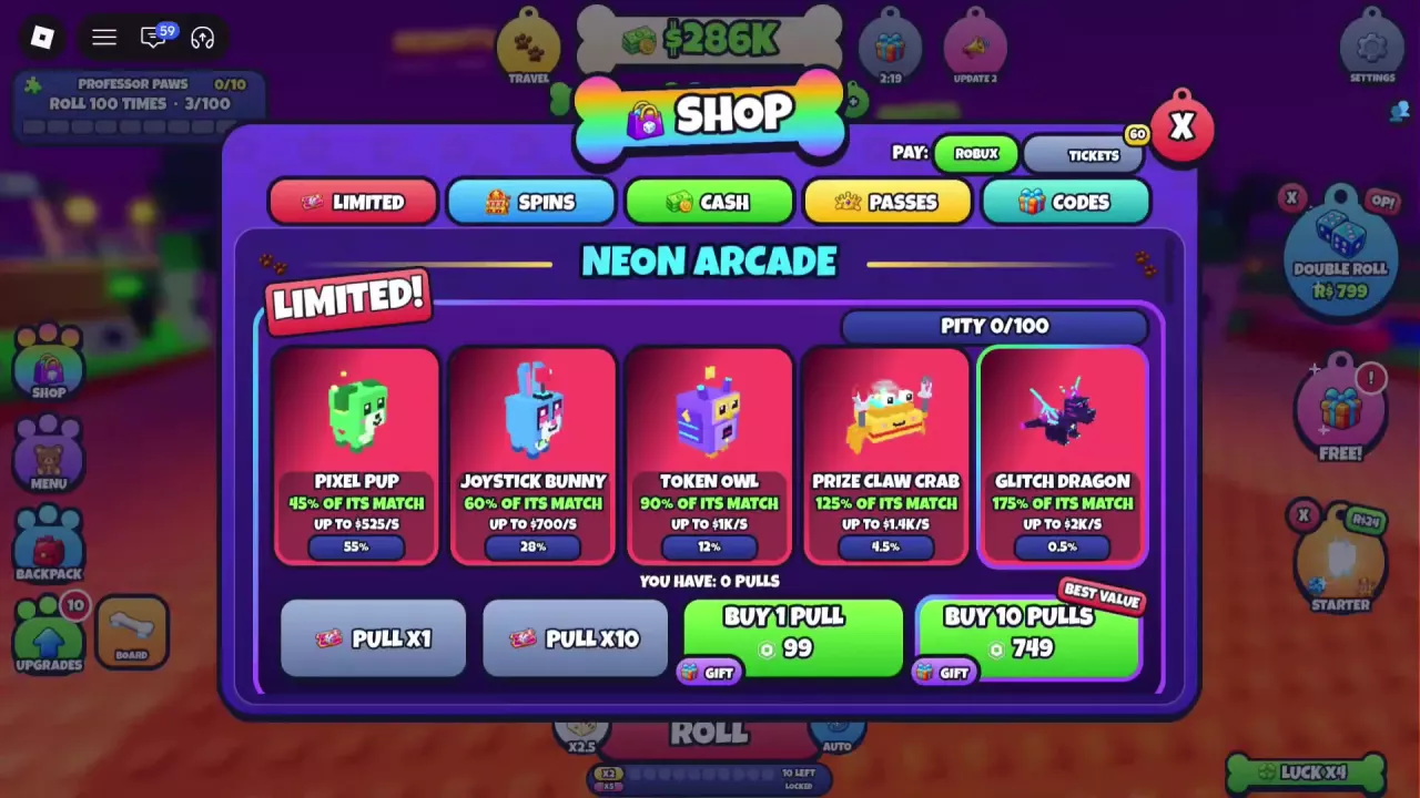 Neon Arcade shop showing five pet cards, payment tabs, available pulls, pity progress and purchase buttons.