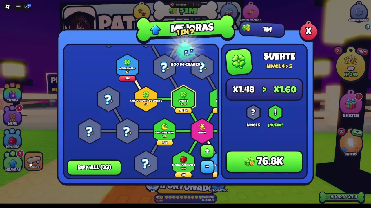 Pet Dice upgrade tree with Luck selected, showing the level 4 to 5 effect preview, cash price and zoom controls.