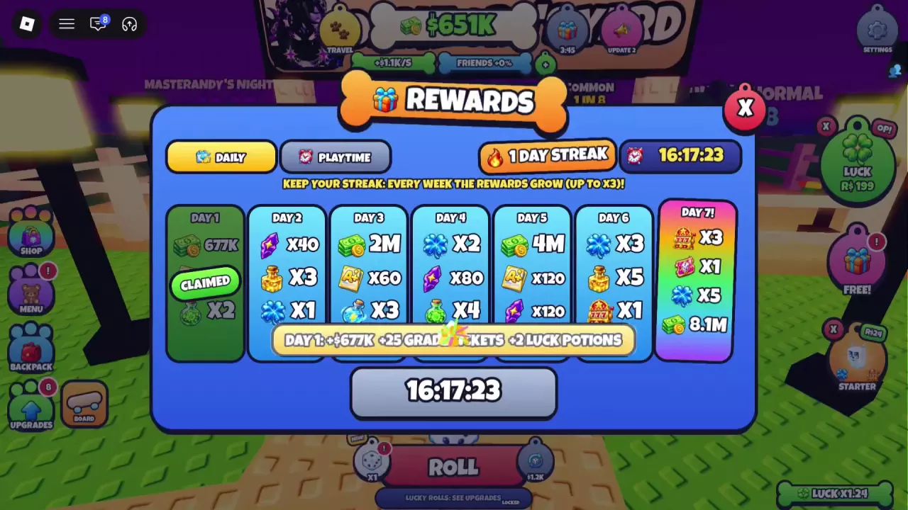 Daily rewards menu with Day 1 claimed, a one-day streak and the next-claim countdown.