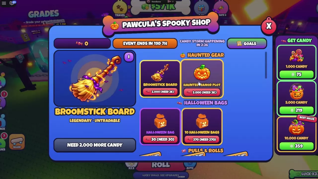 Pawcula's Spooky Shop with the Broomstick Board preview, gear and bag prices, and GET CANDY offers.