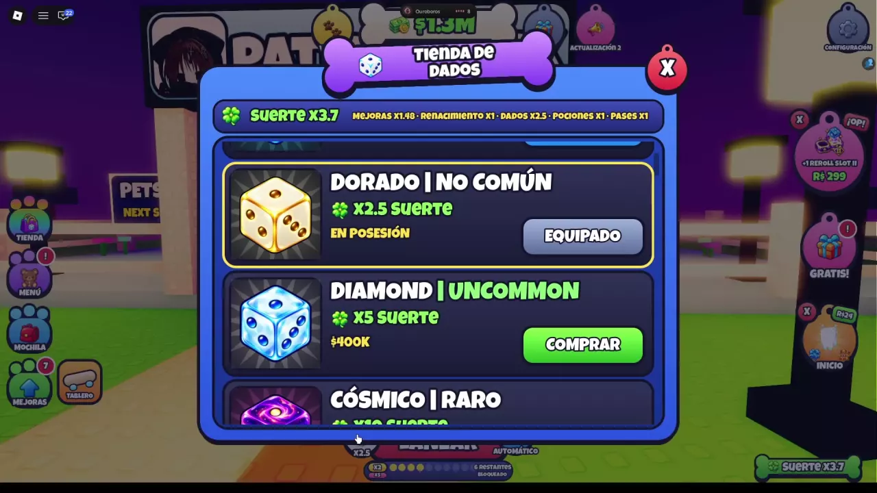 Dice Shop showing &times;3.7 total luck, five source multipliers, and Golden equipped at &times;2.5.