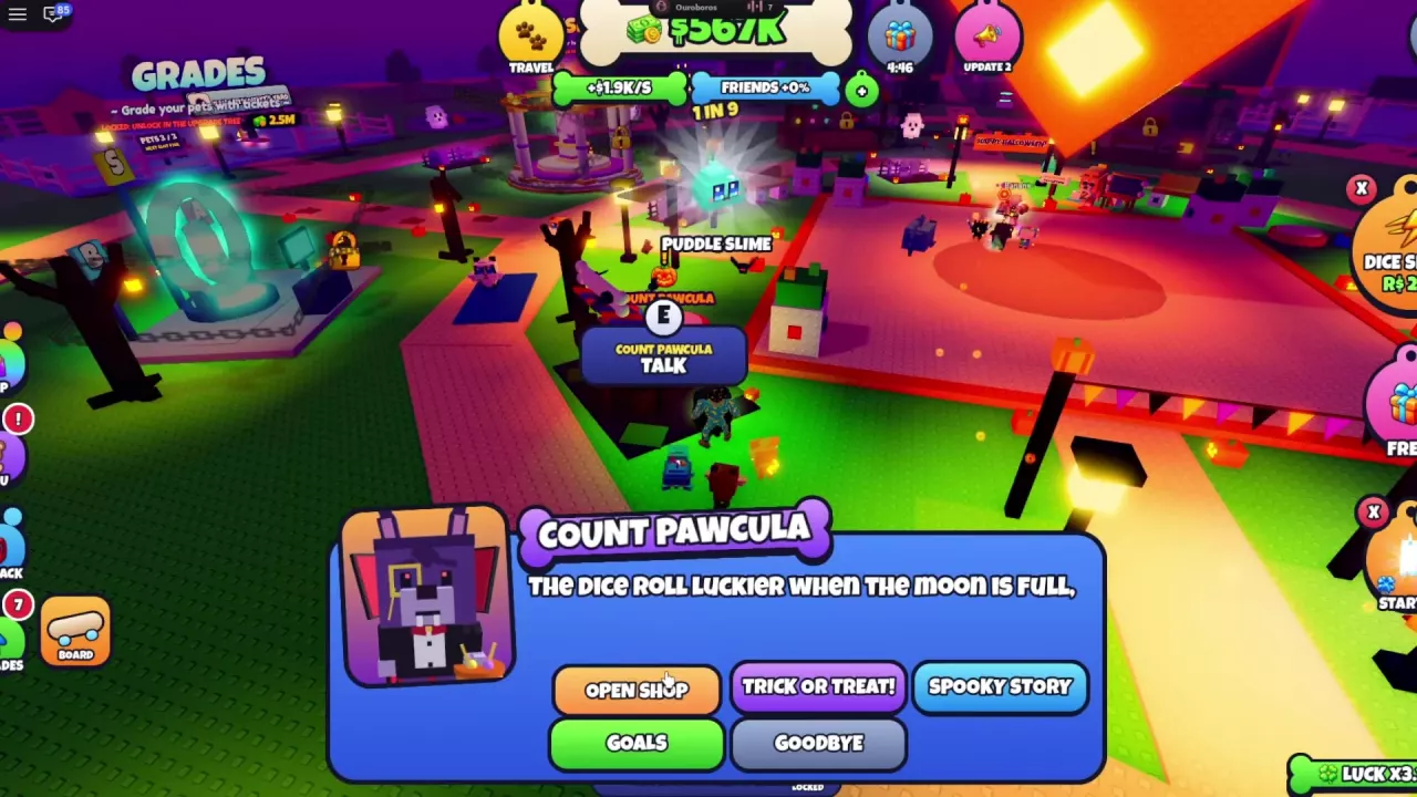 Count Pawcula beside the plaza with the TALK prompt and OPEN SHOP dialogue option.