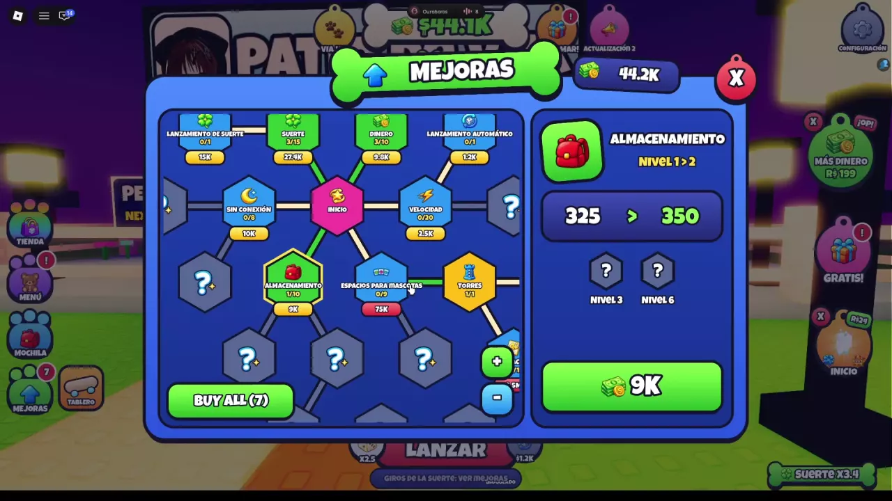 Spanish upgrade tree showing the Auto Roll node at 0/1 with a 1.2K cash price.