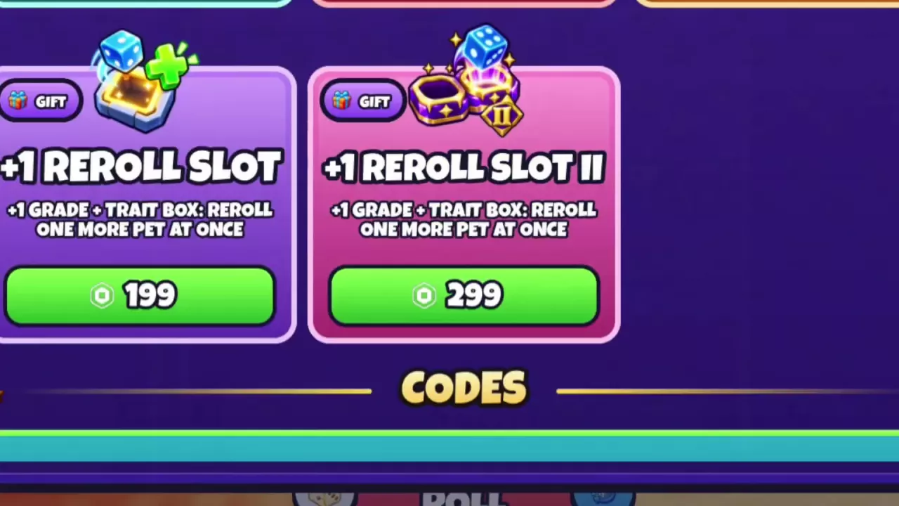 Pet Dice reroll slot offers showing 199 and 299 Robux and one additional Grade + Trait Box each.